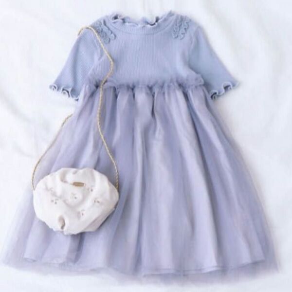 美品 ワンピース ワンピ 肩レースチュールドッキングワンピース ブルー 110サイズ チュールワンピース 半袖 女の子