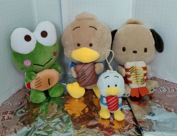 フルコンプリート 日焼け「ポチャッコ/アヒルのペックル/けろけろけろっぴ」 全3種類 はぴだんぶい スシロー ぬいぐるみ おまけ付