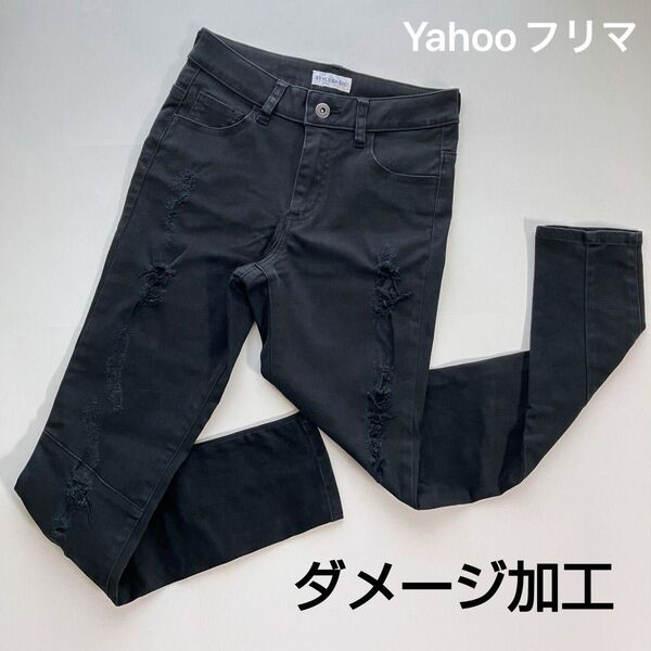 ニッセン ダメージ加工 ジーンズ ストレッチ スキニーパンツ ブラック 黒 ウエスト58 Sサイズ相当 カジュアル