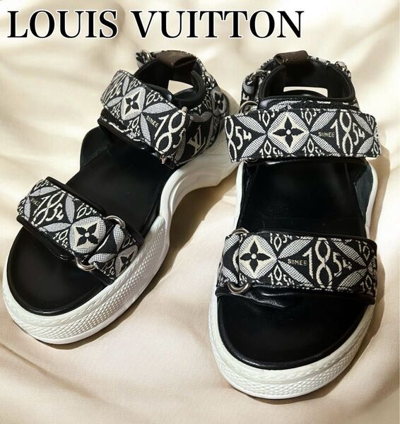 美品 ルイヴィトン LOUIS VUITTON サンダル アークライト ライン 夏 モノグラム 黒 白 レディース 23cm相当
