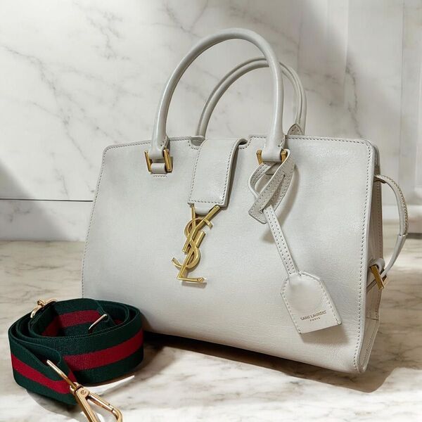 サンローラン SAINT LAURENT ベイビーカバス ハンドバッグ ショルダー 2way レザー ホワイト系 YSL ゴールド