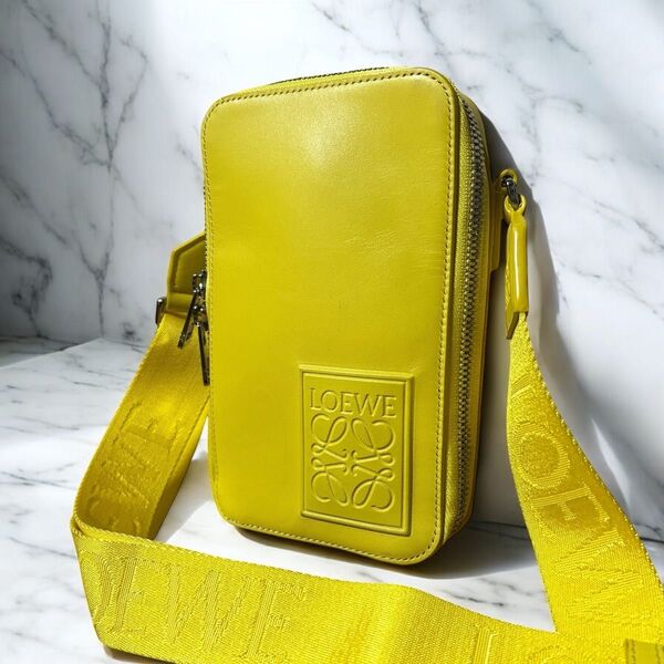 美品 ロエベ LOEWE バーティカル クロスボディ ポケット アナグラム ショルダーバッグ イエロー レザー ポシェット