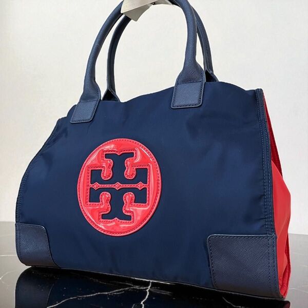 美品 トリーバーチ TORY BURCH エラ トートバッグ 肩掛け A4収納 通勤 バイカラー ロゴ ネイビー レッド 紺 赤