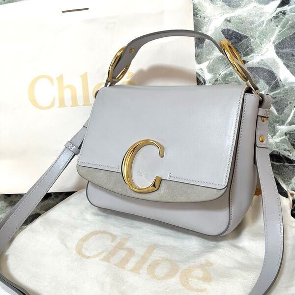 美品 Chloe クロエシー ショルダーバッグ ハンドバッグ 2way レザー ライトグレー クロスボディ ゴールド金具 フラップ