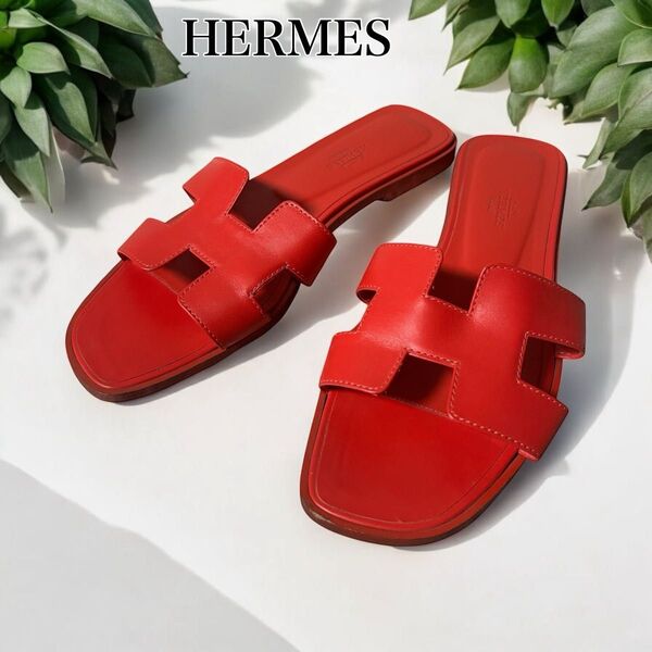 定価12.5万 エルメス HERMES サンダル フラット オラン レザー レッド赤 38 1/2 24.5-25cm位 夏定番