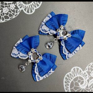ハートドロップフリルミニリボン 青 ヘアクリップ 量産型 地雷 ゴスロリ ロリータ 天使界隈