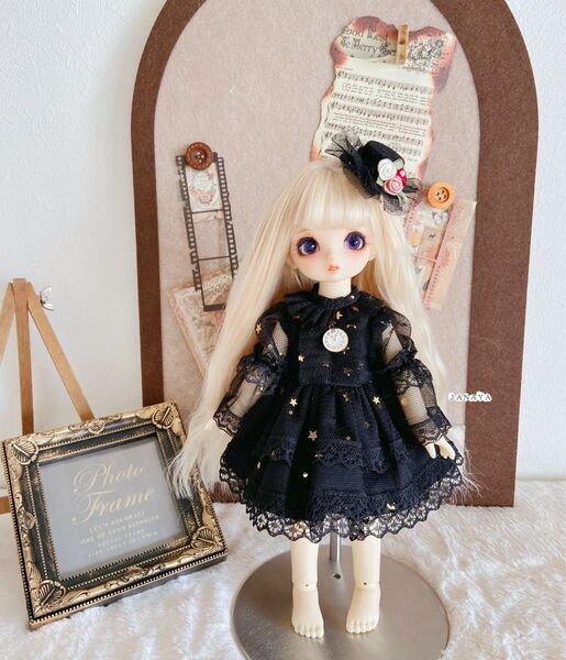 JANAYAハンドメイド 幼SD服 1/6服 黒色レースワンピース 3点セット