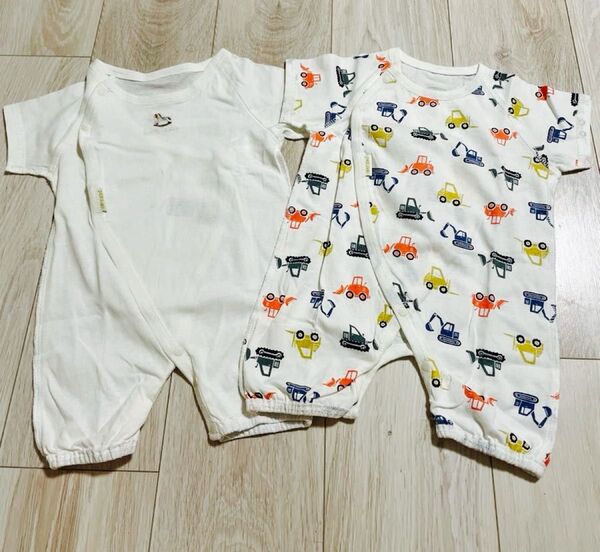 新品未使用 プティマイン かばーお カバーオール ロンパース 半袖 ベビー服 2枚セット 働く車柄 木馬