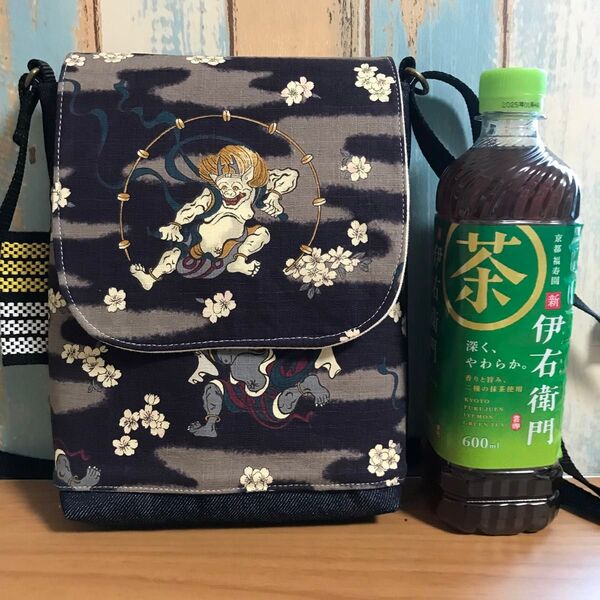 756 風神雷神 和柄 中性帆布 前掛け 昭和レトロ ハンドメイド スマホポーチ