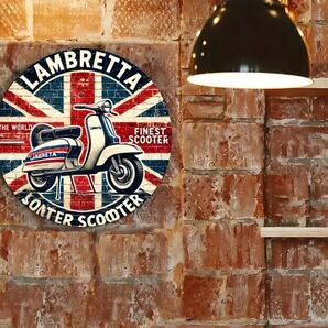 【ブリキ看板】スクーターLambretta(ランブレッタ) イギリス国旗 ヴィンテージ風 丸型看板