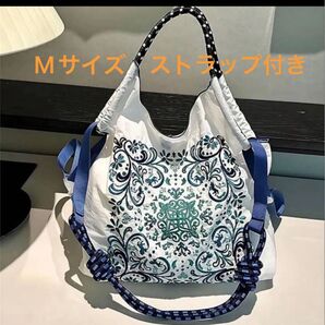 ハンドバッグ トートバッグ ナイロン 刺繍 白 トートバッグ エコバッグ ショルダーベルト付 刺繍白