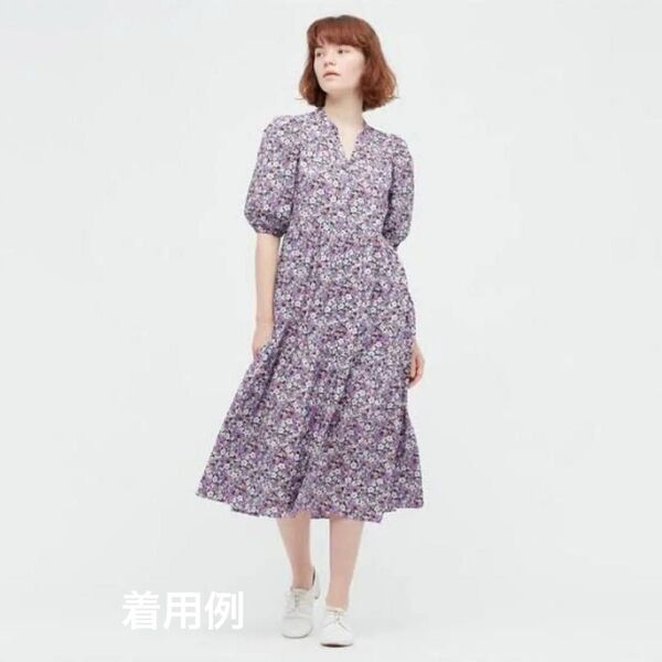 PAUL & JOE UNIQLO ユニクロコットン ロングワンピース 小花柄 五分袖 キーネック 新品同様 ペチ無し パープル