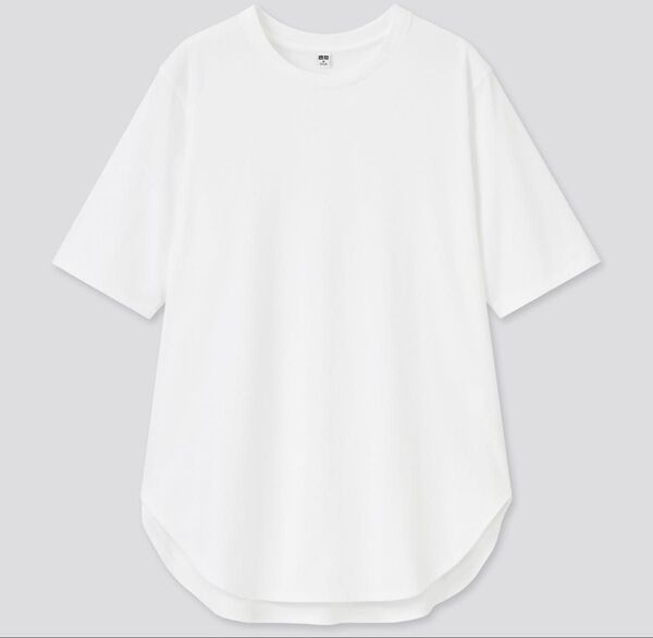 UNIQLO スムースコットンラウンドヘムロング Mサイズ 五分袖 Tシャツ トップス ホワイト レディース ユニクロ 半袖