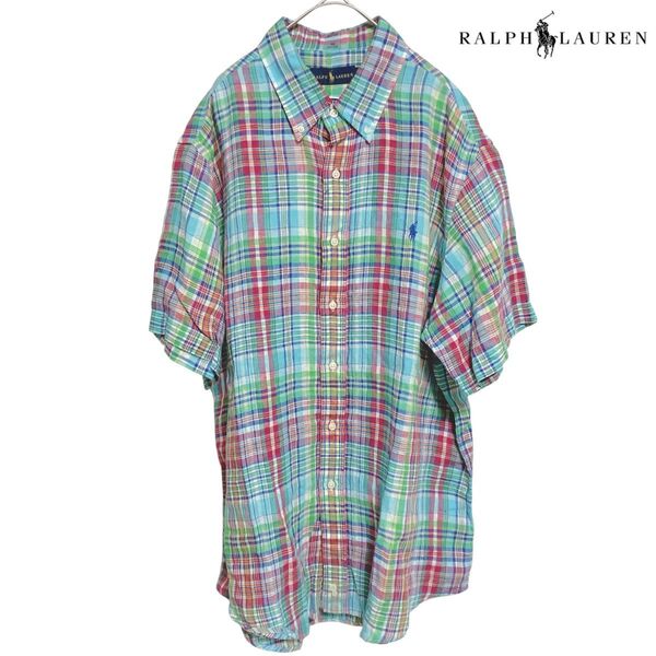 新品タグ付 Ralph lauren 麻100% 半袖BDチェックシャツ XL リネン ボタンダウン ラルフローレン ロゴ刺繍