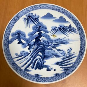 有田焼 深川製磁 染付山水図 飾り皿 31.5cm