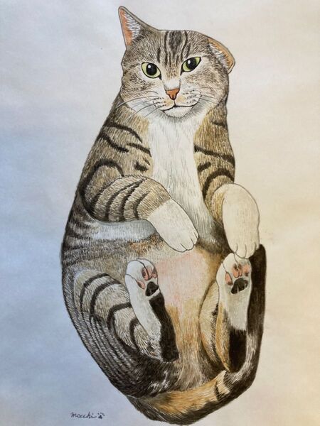 ゴロンしてるキジトラ猫の絵 水彩画 A4サイズ オリジナル