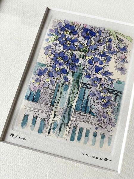 額装 曽根浩二 リトグラフ 窓辺のデルフィー 84/200 版画 絵画 花柄 デルフィニウム 水彩画