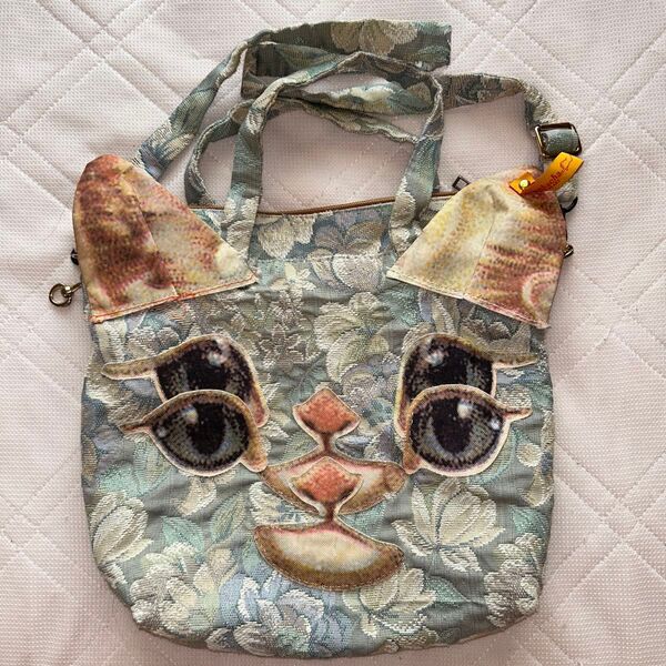猫 ハンドメイド ショルダーバッグ 多機能 ゴブラン ハンドバッグ バッグ ブルー系 個性的 奇抜 アニマル柄 くすみブルー