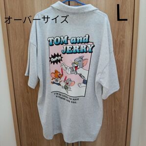 レディース トムとジェリーTシャツL ハーフジップ オーバーサイズ グレー