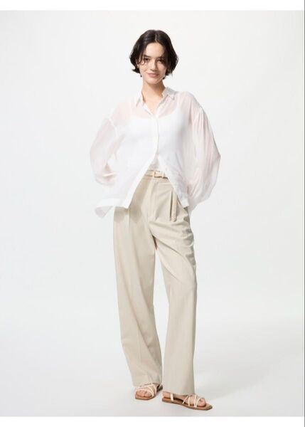 【新品】UNIQLO タックワイドパンツ(丈長め) WOMAN Lサイズ Natural 品番:463182