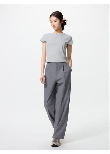 【新品】UNIQLO タックワイドパンツ(丈長め) WOMAN Lサイズ Gray 品番:463182