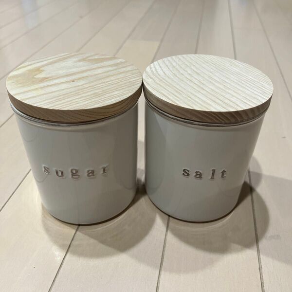 キャニスター 2個セット 砂糖 塩 陶器 木製 キッチン雑貨 ナチュラル