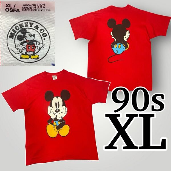 90s USA製 MICKEY & CO. 両面プリント DisneyヴィンテージTシャツ 青パンミッキー 赤 XL