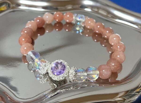 ☆天然石サンストーン(8mm玉)ブレスレット!内径16cm。デザブレ