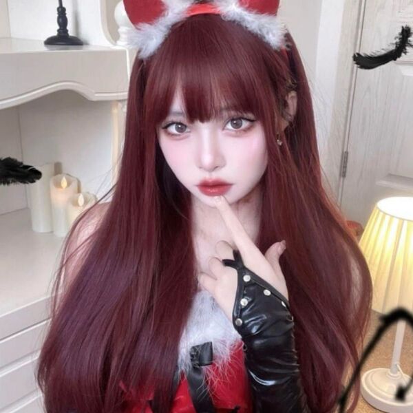 シーインロングストレートウィッグフルウィッグバーガンディボルドーワインレッド赤髪コスプレ仮装ロリータかつらカツラロングウィッグ単色