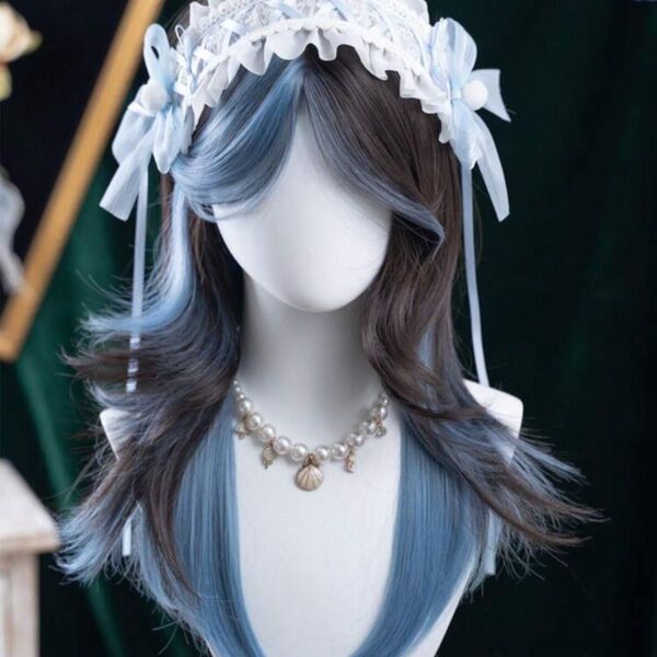 シーインロングストレートウィッグフルウィッグレイヤーカットブラウンブラックブルーコスプレ仮装ロリータ青髪ツートン黒髪耐熱センター分