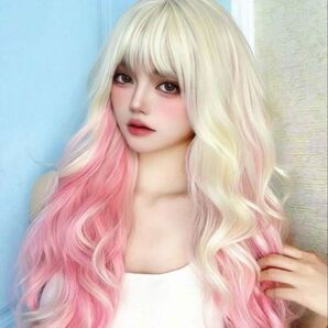 シーインロングカールウィッグウェーブブロンドゴールドクリームイエローピンクグラデーションコスプレ仮装ロリータ耐熱かつらフルウィッグ