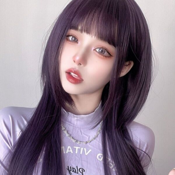 シーインロングストレートウィッグレイヤーカットコスプレ仮装ロリータパープル紫黒クラゲカットかつらカツラフルウィッグロングウィッグ