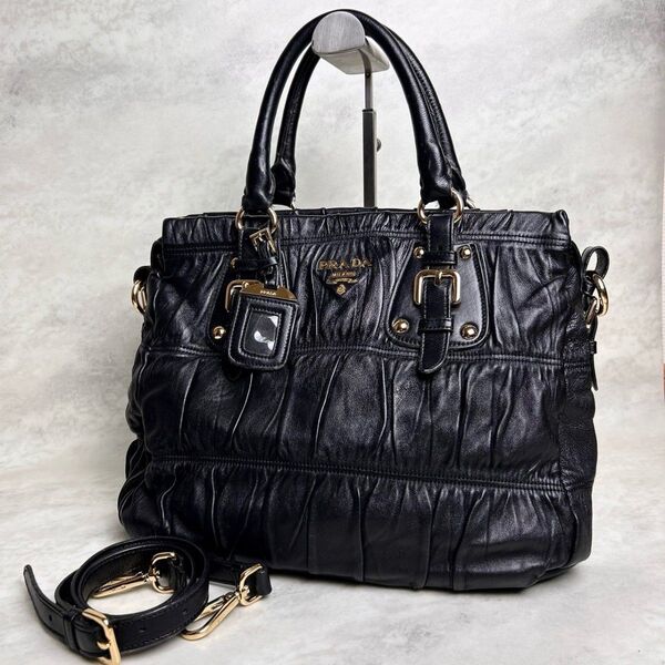【極美品】 PRADA プラダ オールレザー 本革 ギャザー 2way ハンドバッグ トートバッグ ショルダーバッグ ブラック