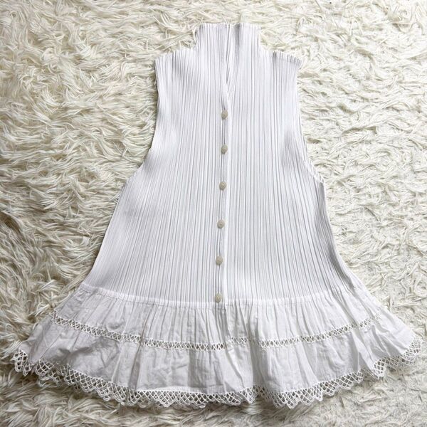 PLEATS PLEASE プリーツプリーズ ノースリーブ レース シャツ ブラウス ホワイト 3 チュニック