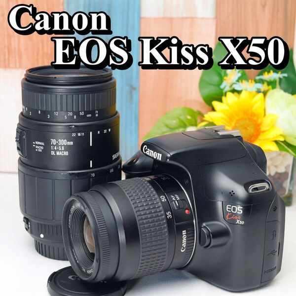 ショット数わずか!! Canon EOS Kiss X50 元箱付 超望遠レンズ付 ダブルレンズセット キヤノン キャノン 入門機