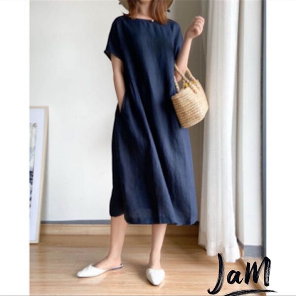 【新品】ロングワンピース ネイビー 半袖ワンピース マキシワンピース 夏ワンピース ワAライン 春夏 体型カバー ゆったり