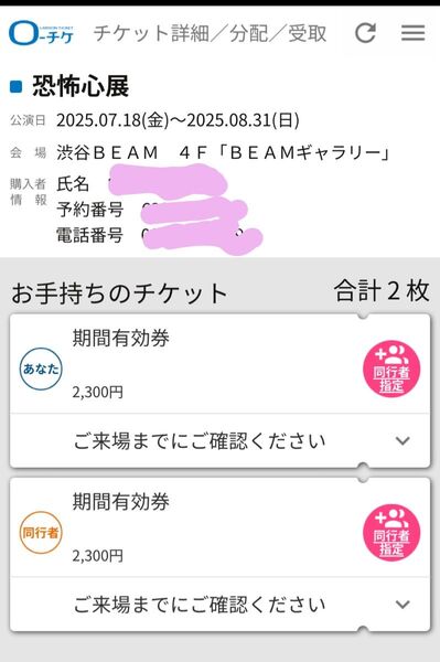 恐怖心展 チケット 2枚 ローチケ バラ売り可