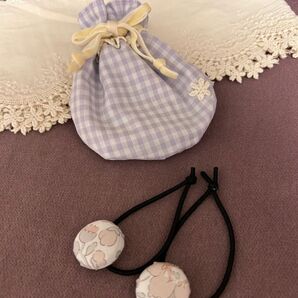 Handmade☆まぁるい巾着【チェック】&くるみボタンゴムSET♪