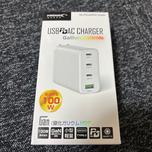 【新品未使用】HIDISC GaN搭載USB PD AC充電器 100W ML-PDUS4PG100WH