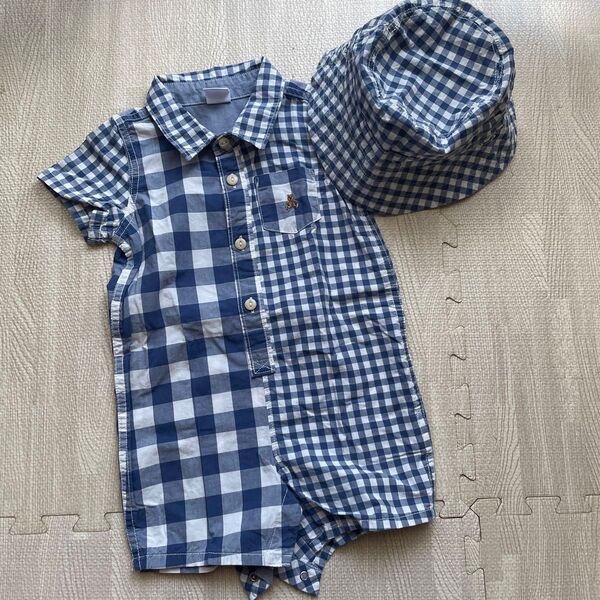 gap babyロンパース&帽子 2点セット ギンガムチェック襟付き