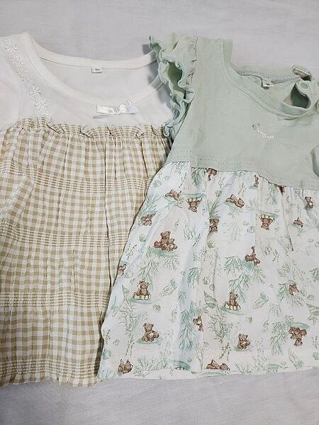 2着セット ベビー服 女の子 80サイズ ワンピース 半袖 淡色 チェック トップス 90サイズ キッズ 子供服 夏服