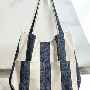 ハンドメイド *ヴィンテージ*ストライプ柄* トートバッグ(ネイビー)