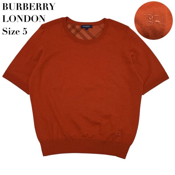【美品】BURBERRY LONDON バーバリーロンドン 半袖 ニット セーター 刺繍ロゴ オレンジ サイズ5 大きいサイズ