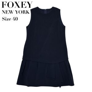 【極美品】FOXEY NEW YORK フォクシーニューヨーク ワンピース ノースリーブ ひざ丈 フレア 黒 ブラック 40