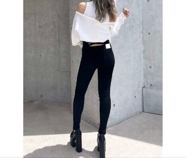GYDA ハイウエストウエストクロススキニーデニムパンツ ブラック 黒 S