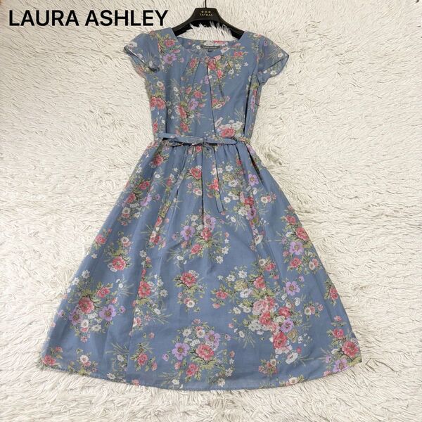 美品 LAURA ASHLEY ローラアシュレイ ワンピース フレンチスリーブ 花柄 フラワー ウエストリボン Aライン 7