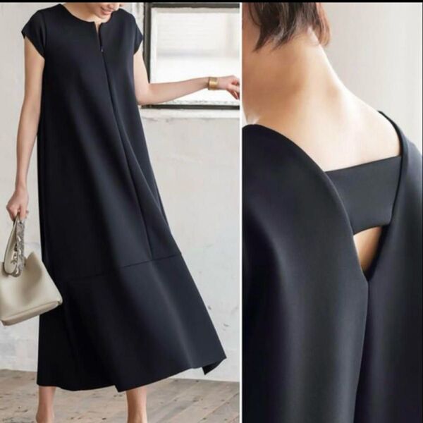 美品 STYLE DELI スタイルデリ ラグジュアリーワンピース ジャージ素材 Aライン 美シルエット ブラック 黒 サイズ2