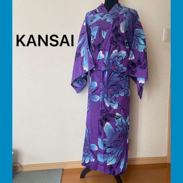 ☆KANSAI カンサイ花柄 蝶々浴衣 紫色 綿 日本製