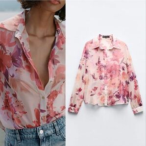 ZARA 花柄ブラウス ピンク Lサイズ 新品未使用