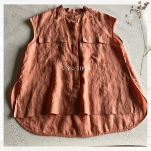 リネン100% ノーカラーブラウス 日本製 フレンチスリーブシャツ オレンジ